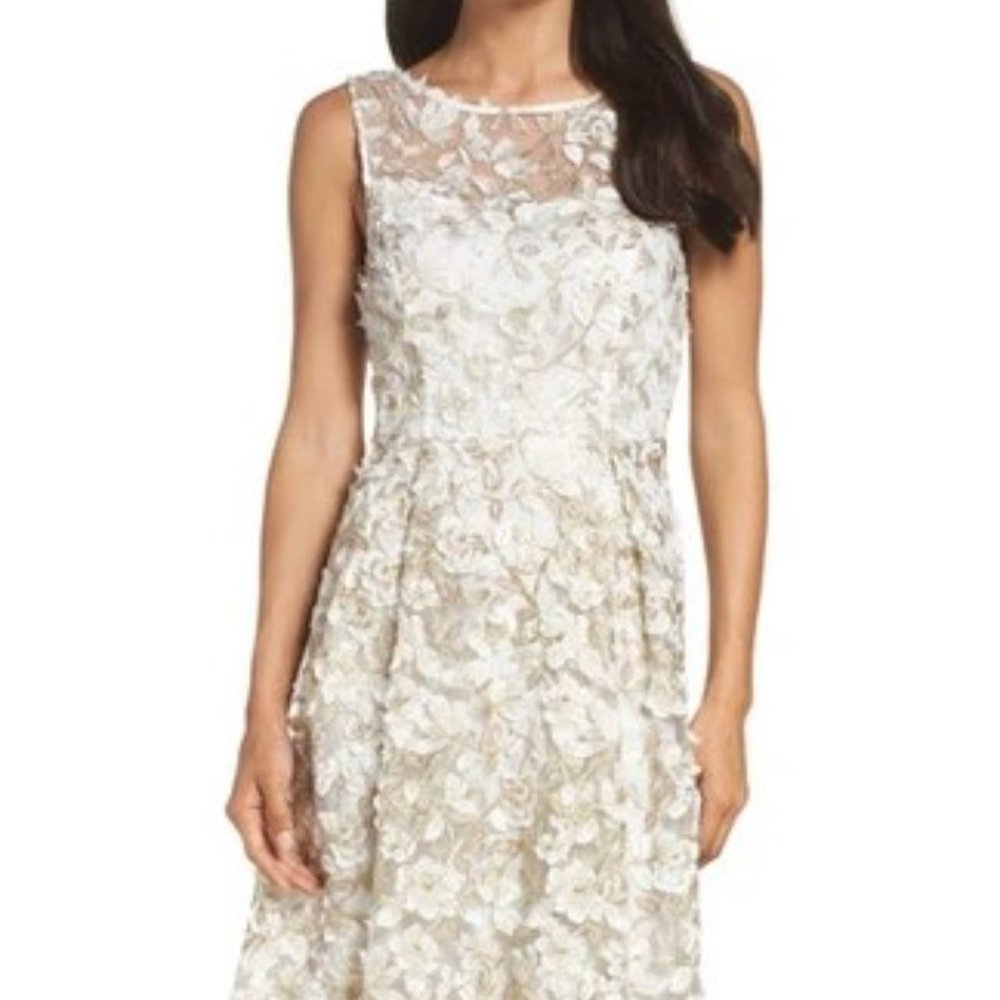 Adrianna Papell NWT 3D Embroidery Fit & Flare Ivory Gold Mini Dress Sz 14